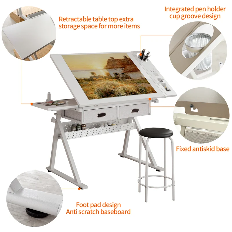 Table à dessin inclinable 98×60 cm avec 2 tiroirs, tabouret, blanche SHELFPLASTIC