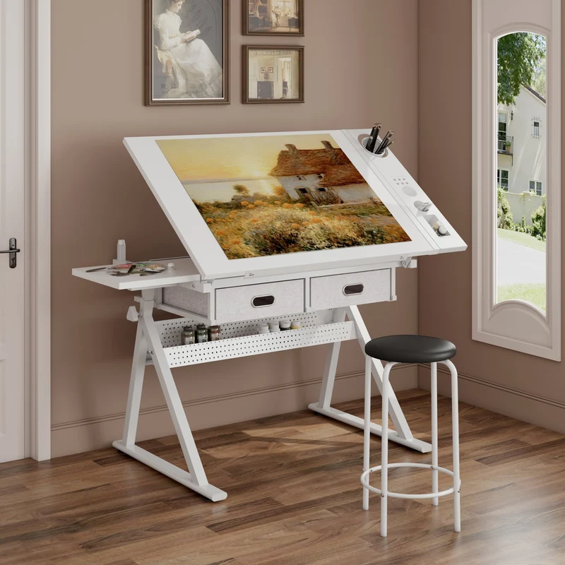 Table à dessin inclinable 98×60 cm avec 2 tiroirs, tabouret, blanche SHELFPLASTIC