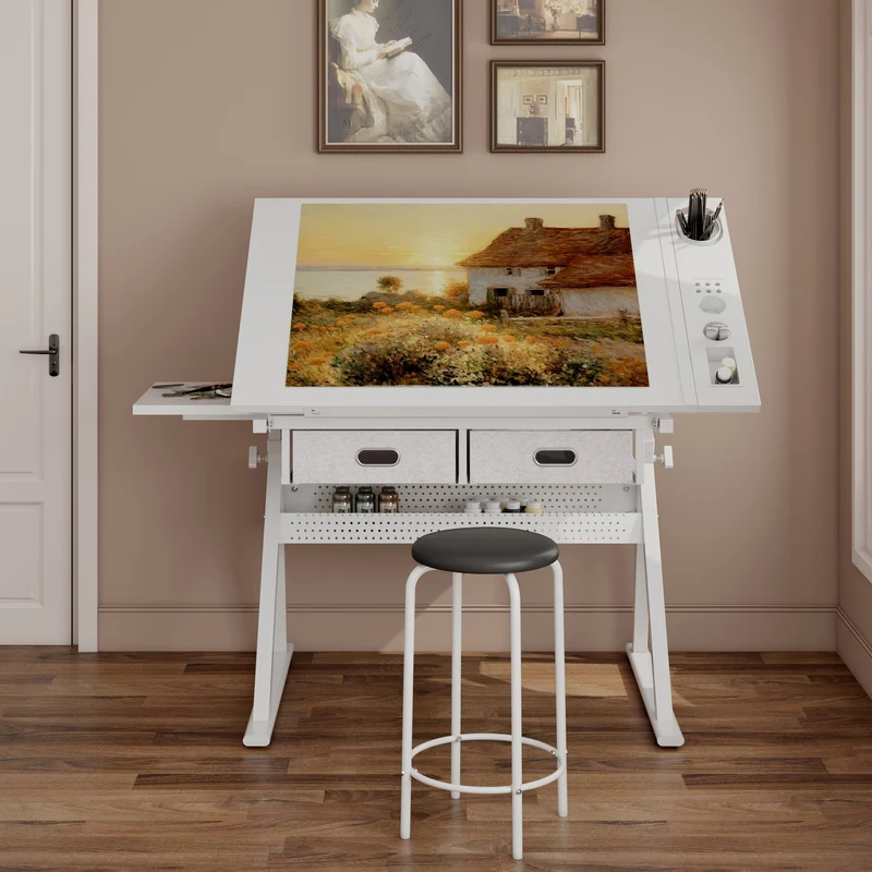 Table à dessin inclinable 98×60 cm avec 2 tiroirs, tabouret, blanche SHELFPLASTIC