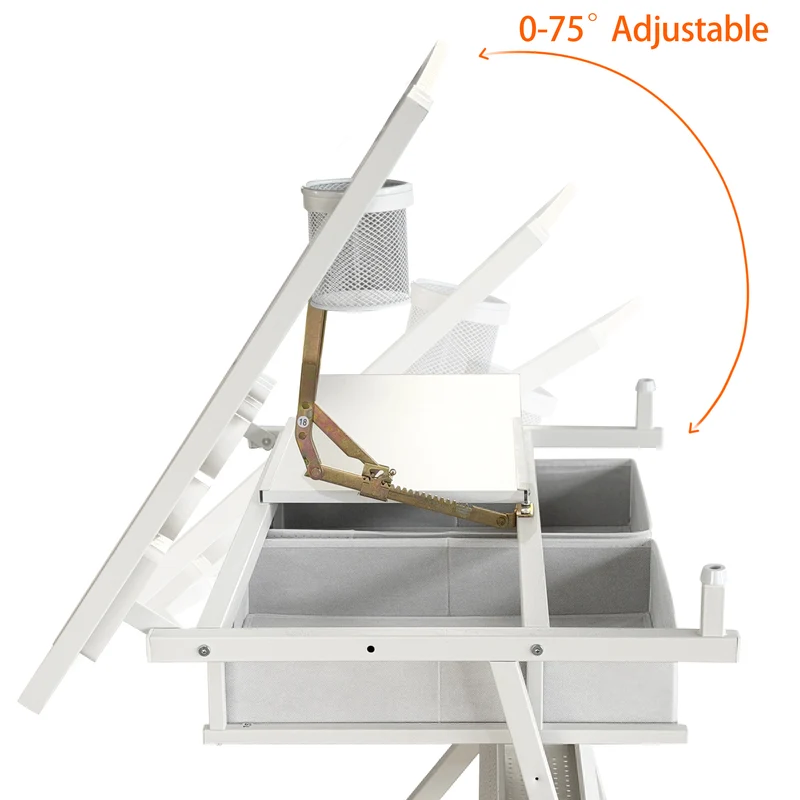 Table à dessin inclinable 98×60 cm avec 2 tiroirs, tabouret, blanche SHELFPLASTIC