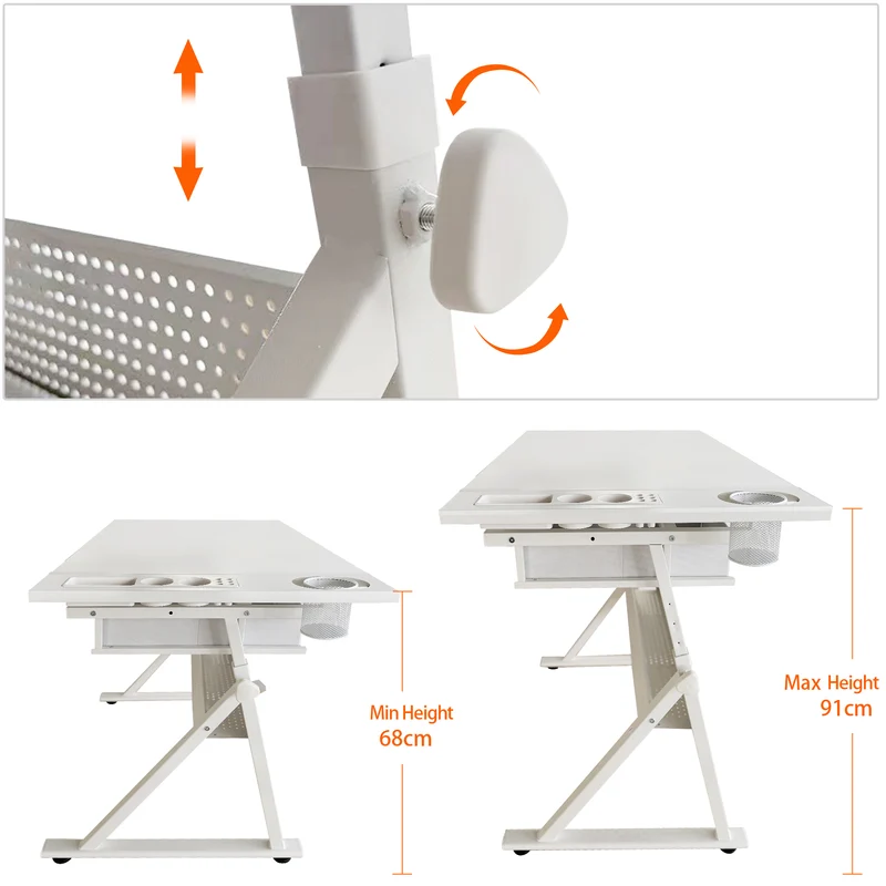 Table à dessin inclinable 98×60 cm avec 2 tiroirs, tabouret, blanche SHELFPLASTIC