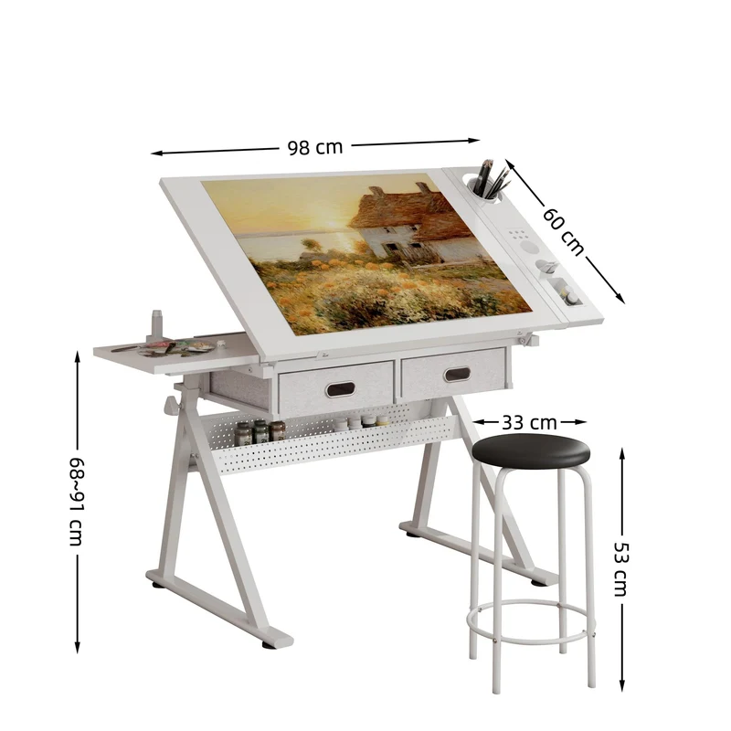 Table à dessin inclinable 98×60 cm avec 2 tiroirs, tabouret, blanche SHELFPLASTIC