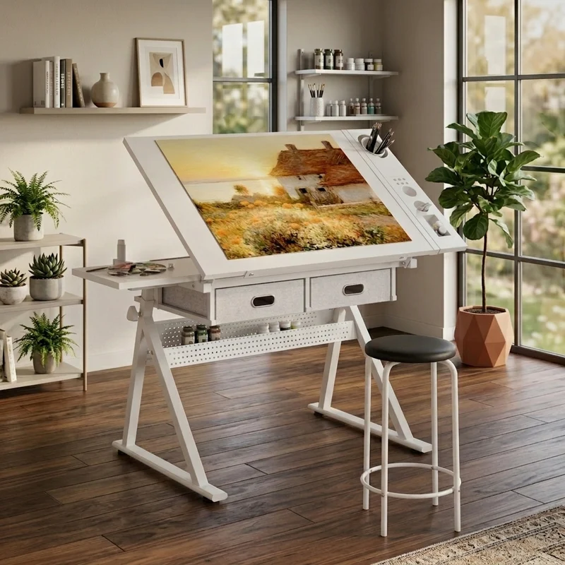 Table à dessin inclinable 98×60 cm avec 2 tiroirs, tabouret, blanche SHELFPLASTIC