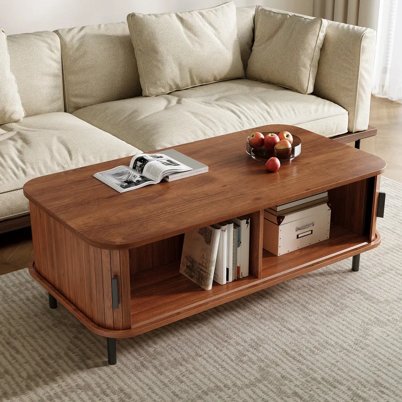 Table basse effet noyer avec portes coulissantes 120x55x45cm PILLOWPLUS