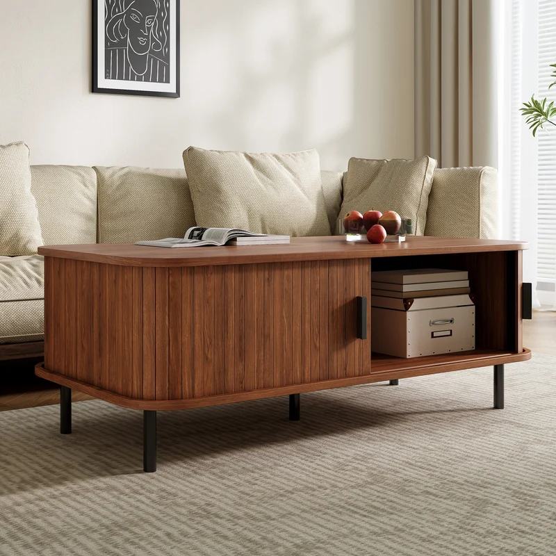Table basse effet noyer avec portes coulissantes 120x55x45cm PILLOWPLUS