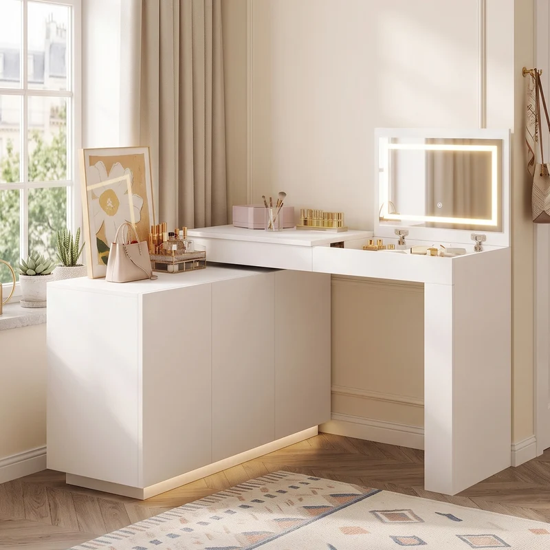 Coiffeuse blanche plateau pivotant avec miroir LED, rangement et bureau 100×40×80cm MULTIWOODMAX