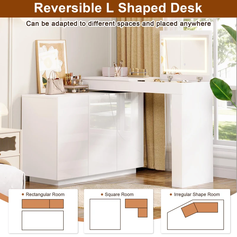Coiffeuse blanche plateau pivotant avec miroir LED, rangement et bureau 100×40×80cm MULTIWOODMAX