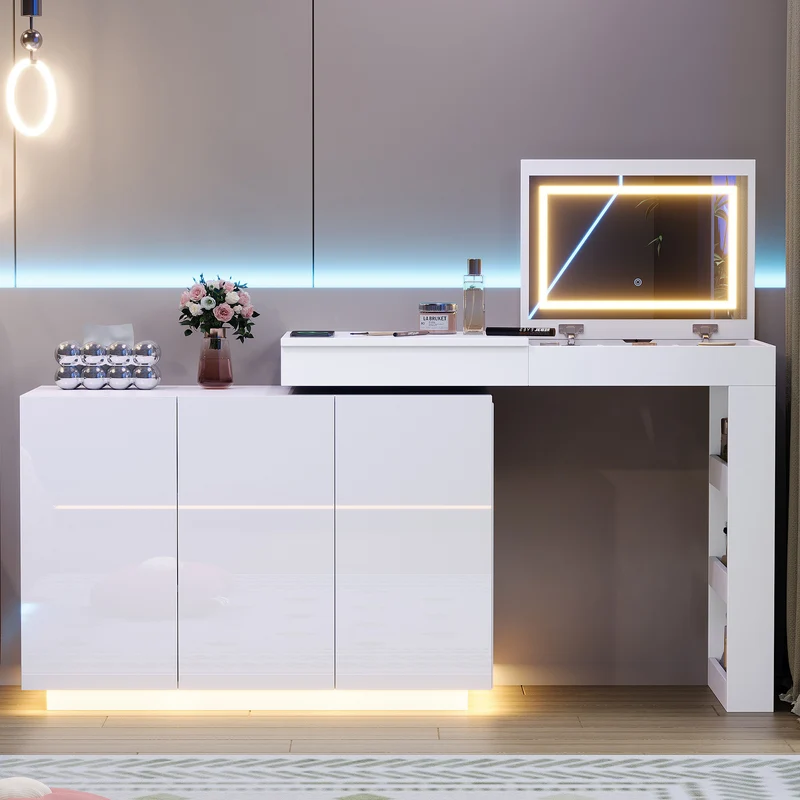 Coiffeuse blanche plateau pivotant avec miroir LED, rangement et bureau 100×40×80cm MULTIWOODMAX