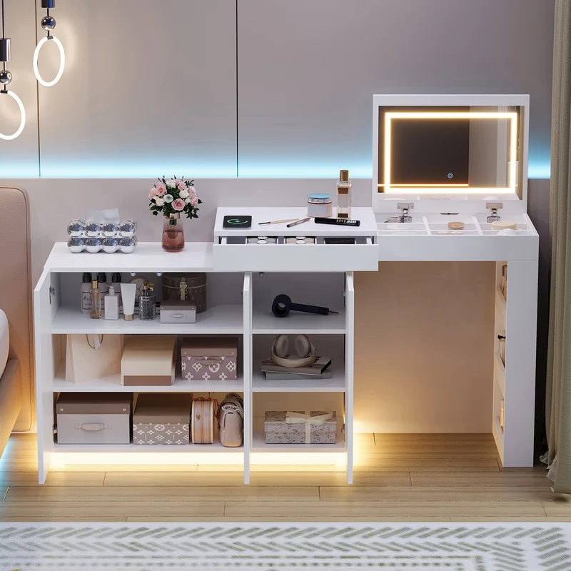 Coiffeuse blanche plateau pivotant avec miroir LED, rangement et bureau 100×40×80cm MULTIWOODMAX