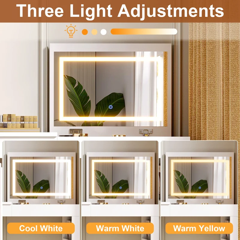 Coiffeuse blanche plateau pivotant avec miroir LED, rangement et bureau 100×40×80cm MULTIWOODMAX