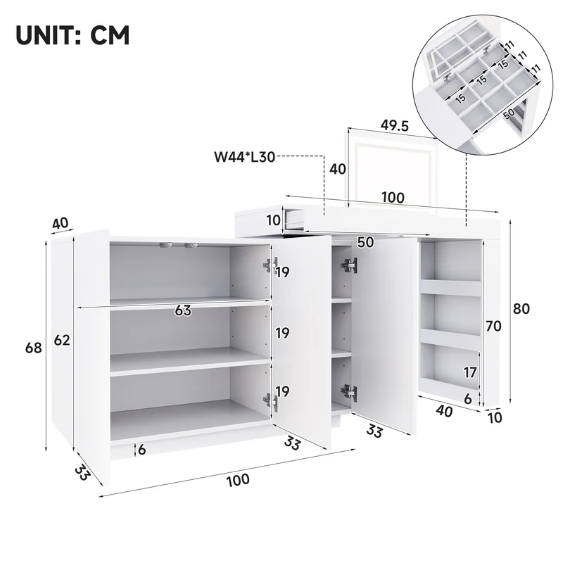 Coiffeuse blanche plateau pivotant avec miroir LED, rangement et bureau 100×40×80cm MULTIWOODMAX