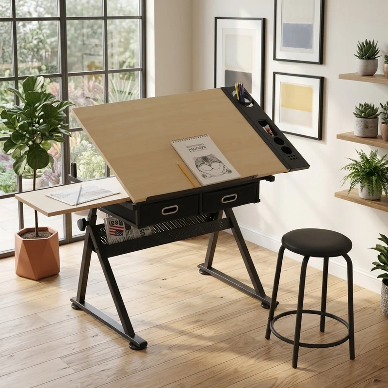 Table à dessin effet bois avec plateau inclinable avec tiroirs et tablette latérale et tabouret noir SHELFPLUS