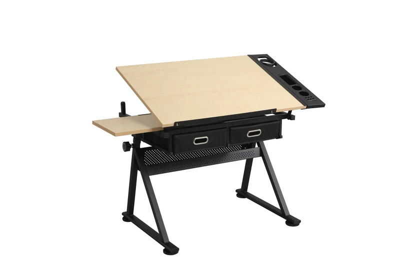 Table à dessin effet bois avec plateau inclinable avec tiroirs et tablette latérale et tabouret noir SHELFPLUS