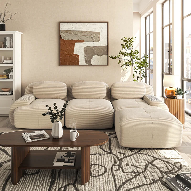 Canapé d’angle modulable 298 cm en velours côtelé beige, ergonomique BACKWASH
