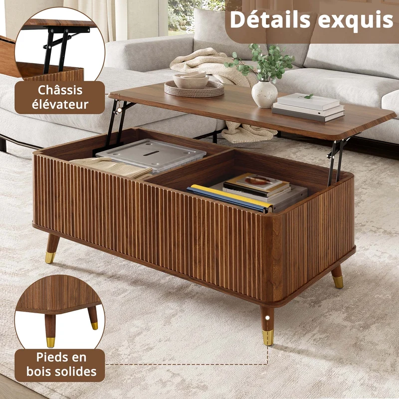 Table basse relevable effet noyer 97x52cm ADJUSTBAMBOOPLUS