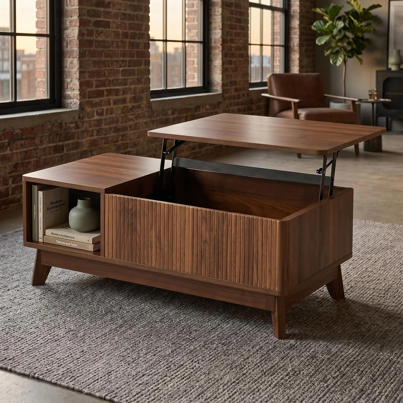 Table basse relevable effet noyer 1 niche 95x48cm ADJUSTCONCRETEELITE