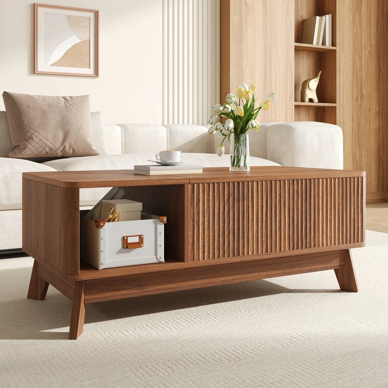 Table basse relevable effet noyer 1 niche 95x48cm ADJUSTCONCRETEELITE