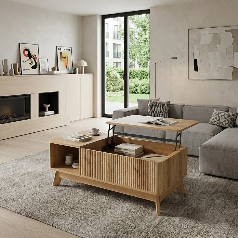 Table basse relevable effet bois naturel design ondulé 95x48x50cm ADJUSTCHROMELINE