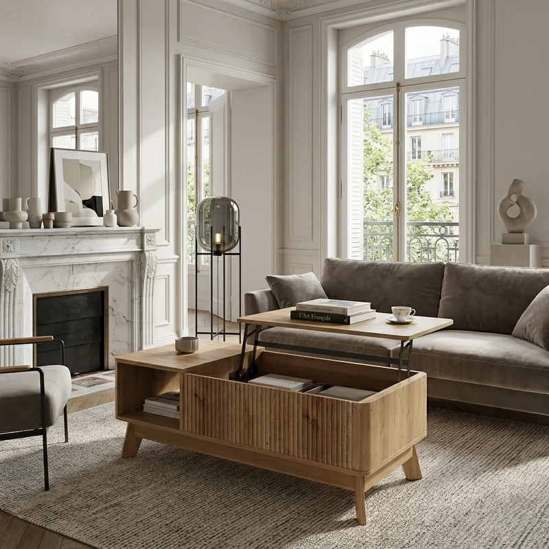 Table basse relevable effet bois naturel design ondulé 95x48x50cm ADJUSTCHROMELINE