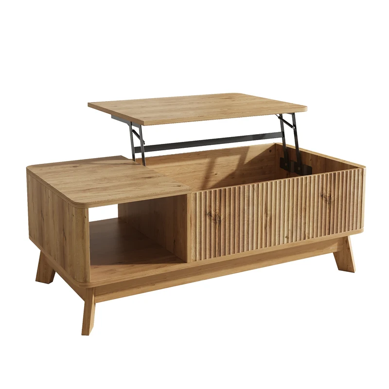 Table basse relevable effet bois naturel design ondulé 95x48x50cm ADJUSTCHROMELINE