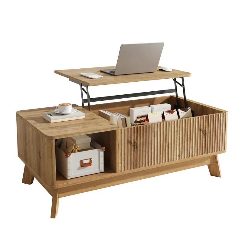 Table basse relevable effet bois naturel design ondulé 95x48x50cm ADJUSTCHROMELINE