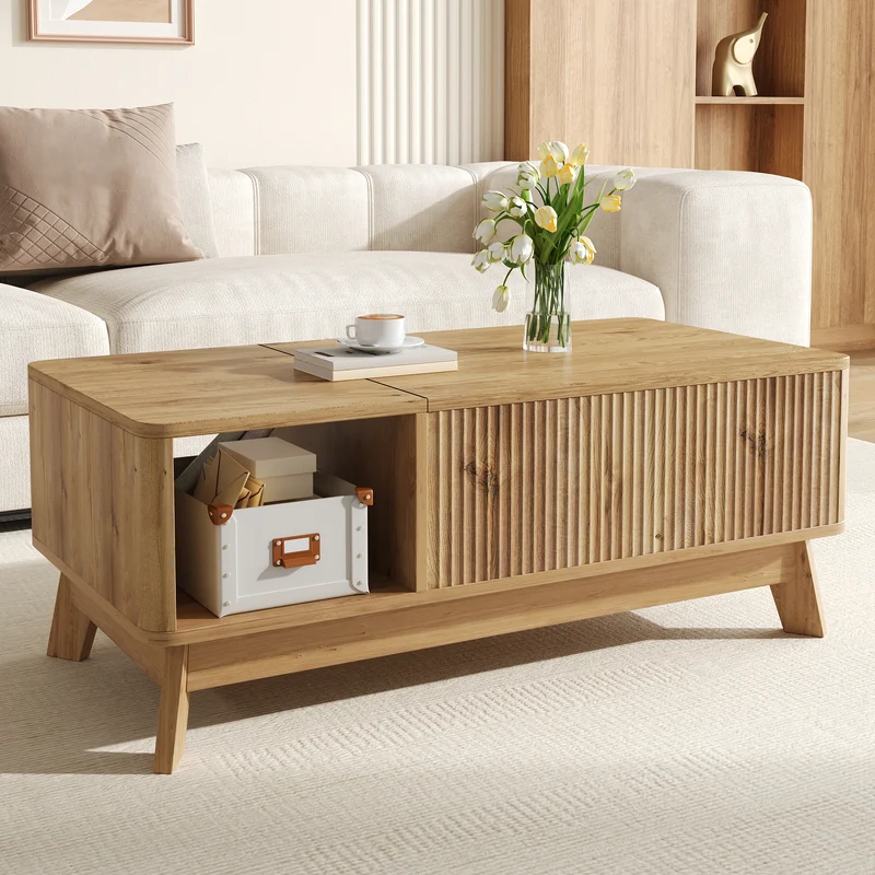 Table basse relevable effet bois naturel design ondulé 95x48x50cm ADJUSTCHROMELINE