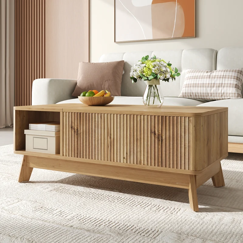 Table basse relevable effet bois naturel design ondulé 95x48x50cm ADJUSTCHROMELINE