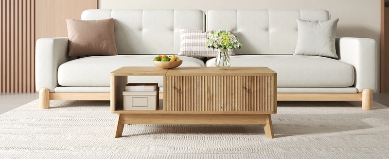 Table basse relevable effet bois naturel design ondulé 95x48x50cm ADJUSTCHROMELINE