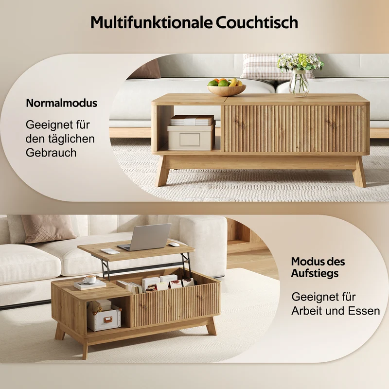 Table basse relevable effet bois naturel design ondulé 95x48x50cm ADJUSTCHROMELINE