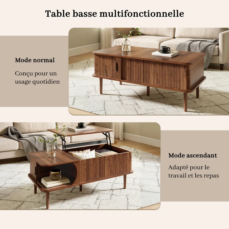 Table basse relevable effet bois noyer style rétro 100x48x55,5cm ADJUSTBOX