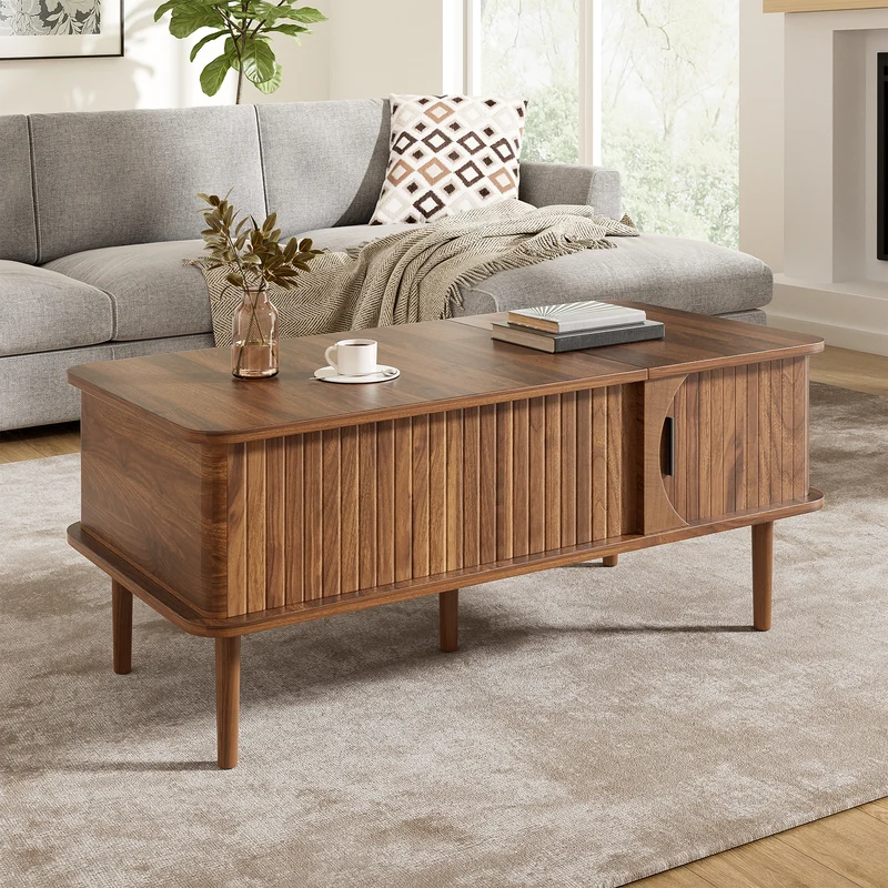 Table basse relevable effet bois noyer style rétro 100x48x55,5cm ADJUSTBOX
