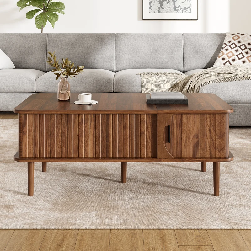 Table basse relevable effet bois noyer style rétro 100x48x55,5cm ADJUSTBOX