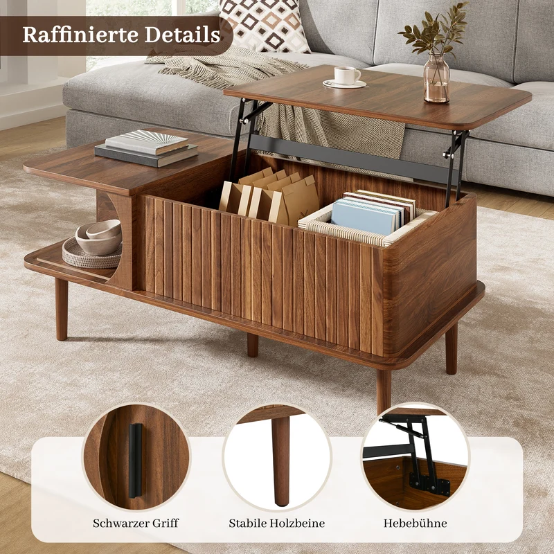 Table basse relevable effet bois noyer style rétro 100x48x55,5cm ADJUSTBOX