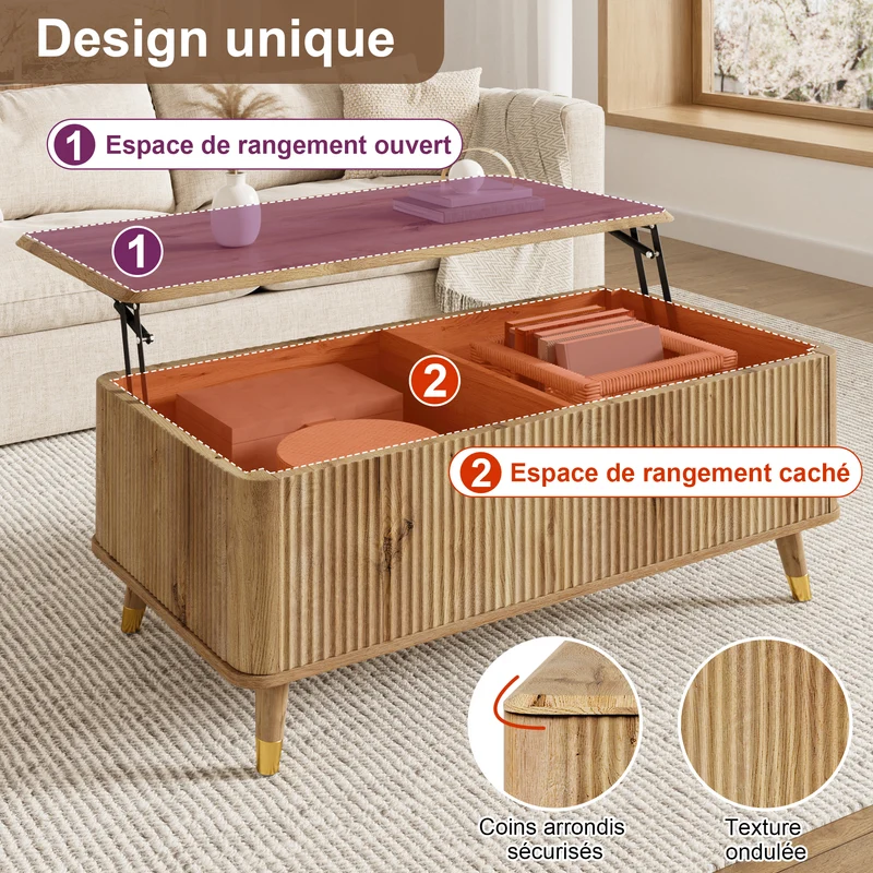 Table basse relevable effet bois à latte 97x52cm PILLOWFLOW