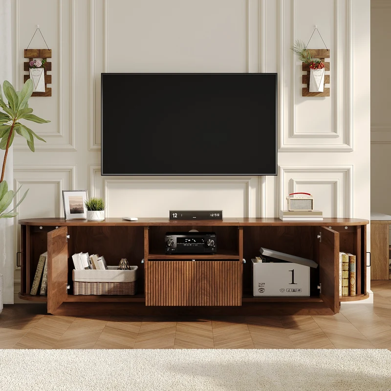 Meuble TV effet noyer avec portes coulissantes, tiroirs et façade 3D 180x40x50cm PILLOWRATTAN