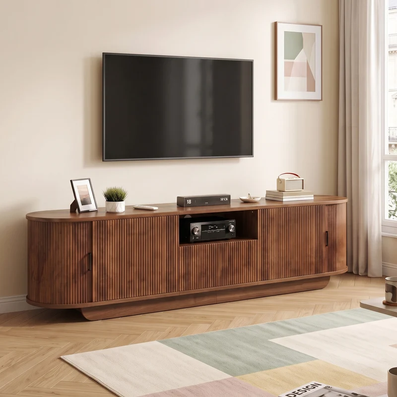 Meuble TV effet noyer avec portes coulissantes, tiroirs et façade 3D 180x40x50cm PILLOWRATTAN