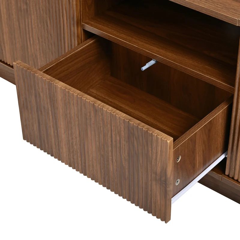 Meuble TV effet noyer avec portes coulissantes, tiroirs et façade 3D 180x40x50cm PILLOWRATTAN