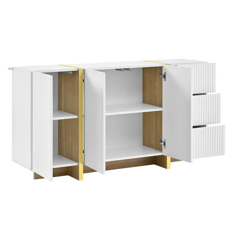 Buffet blanc à 3 portes 3 tiroirs rainurés et détails dorés PILLOWLIGHT