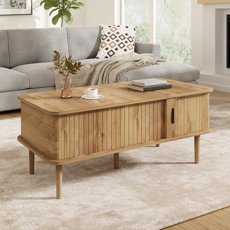 Table basse relevable effet bois, rétro, porte coulissante 100x48cm PILLOWDARK