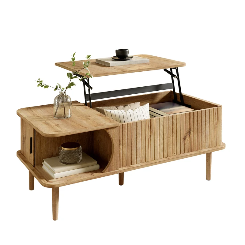 Table basse relevable effet bois, rétro, porte coulissante 100x48cm PILLOWDARK