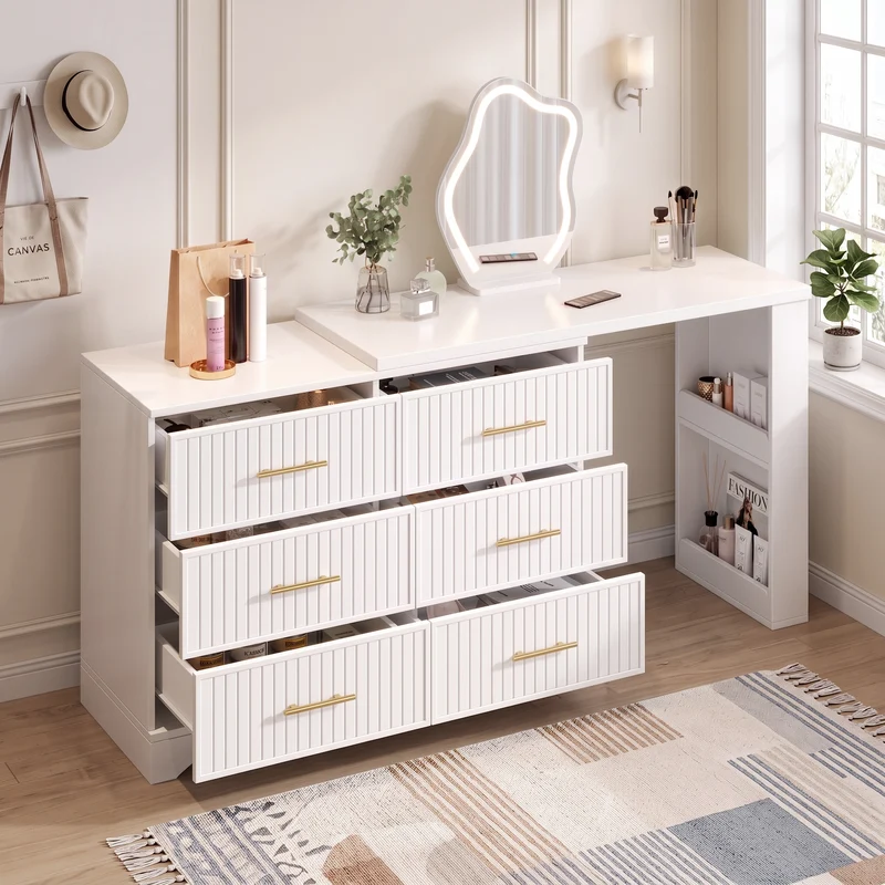 Coiffeuse blanche plateau pivotant avec miroir nuage LED, rangement et bureau 110×40×129 cm MULTI WARDROBE