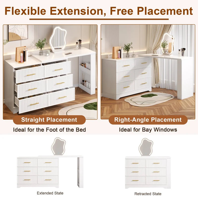 Coiffeuse blanche plateau pivotant avec miroir nuage LED, rangement et bureau 110×40×129 cm MULTI WARDROBE