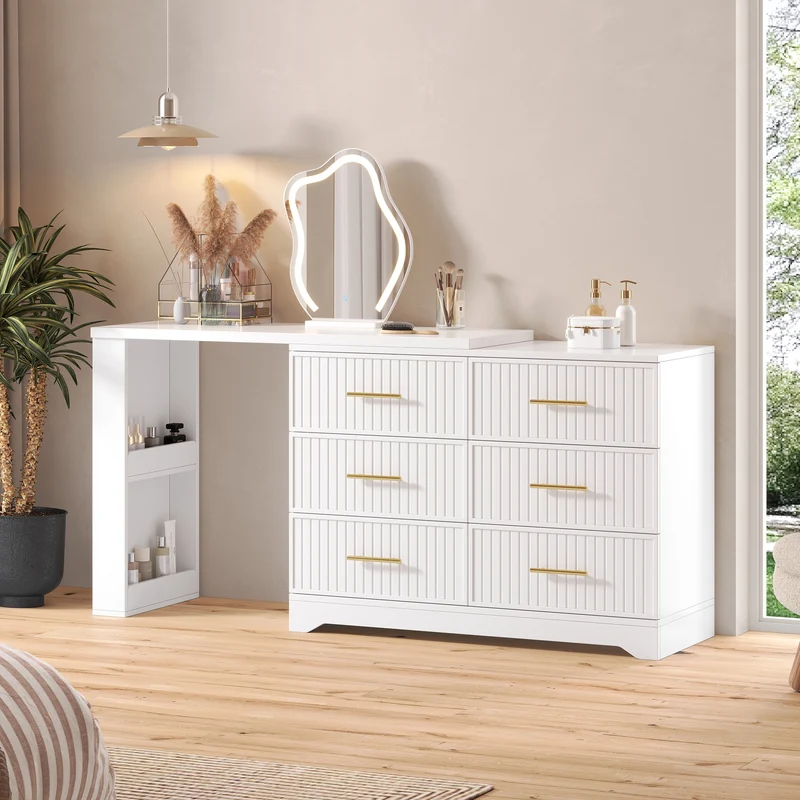 Coiffeuse blanche plateau pivotant avec miroir nuage LED, rangement et bureau 110×40×129 cm MULTI WARDROBE
