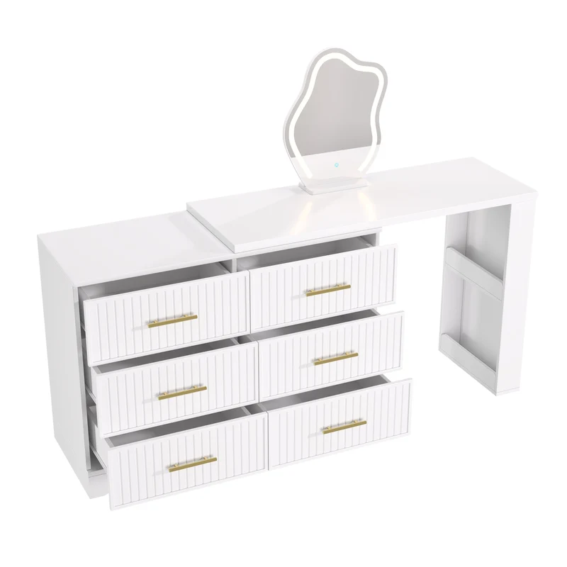 Coiffeuse blanche plateau pivotant avec miroir nuage LED, rangement et bureau 110×40×129 cm MULTI WARDROBE