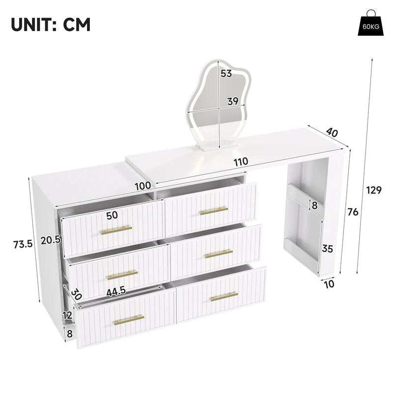 Coiffeuse blanche plateau pivotant avec miroir nuage LED, rangement et bureau 110×40×129 cm MULTI WARDROBE