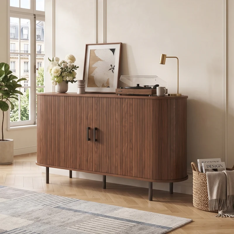 Buffet noyer style vintage 2 portes coulissantes, cannage rainuré 140cm PILLOWMAX