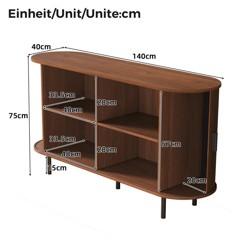 Buffet noyer style vintage 2 portes coulissantes, cannage rainuré 140cm PILLOWMAX