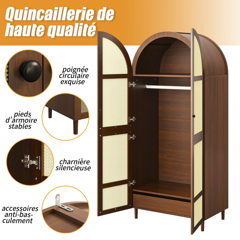Armoire effet noyer avec portes arrondies et cannage en rotin PANELPURE