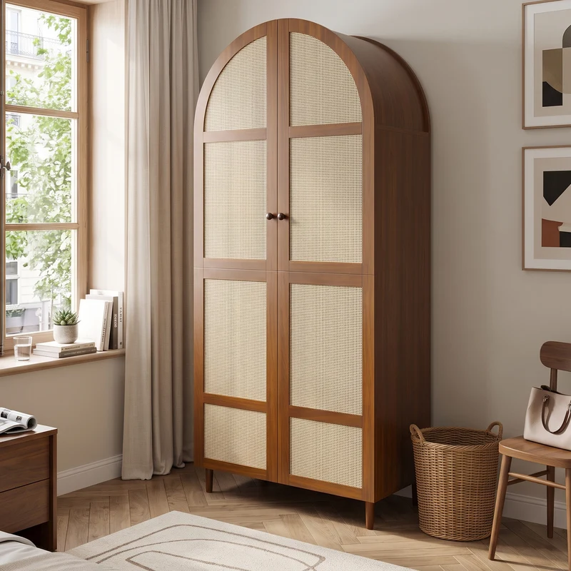 Armoire effet noyer avec portes arrondies et cannage en rotin PANELPURE