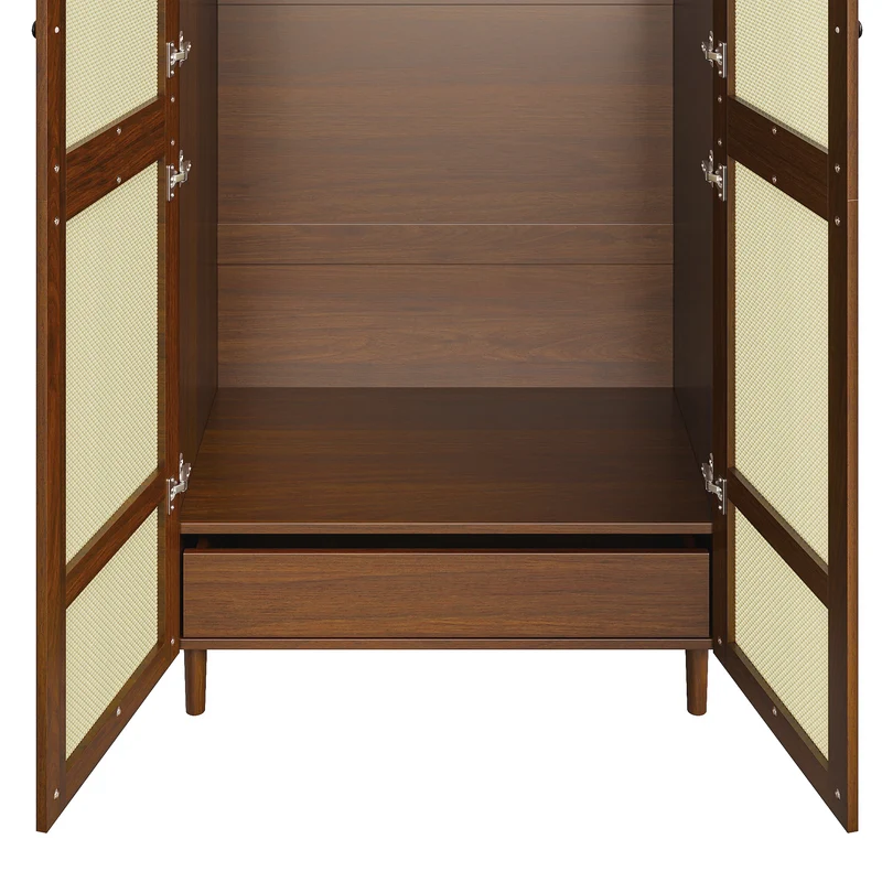 Armoire effet noyer avec portes arrondies et cannage en rotin PANELPURE